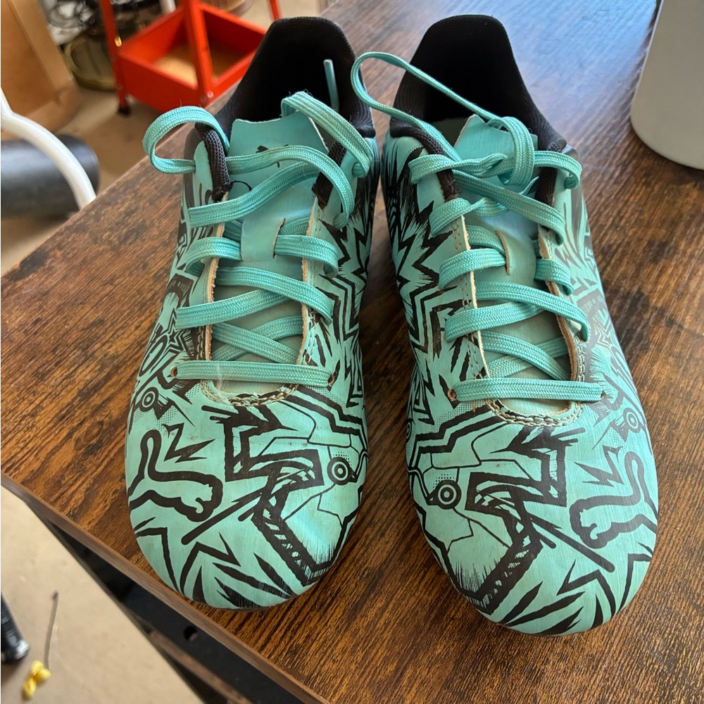 Graphic Puma Teal and Black soccer cleats.